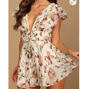 Lulus Flirty Ways Cream Floral Print Flutter Sleeve Romper